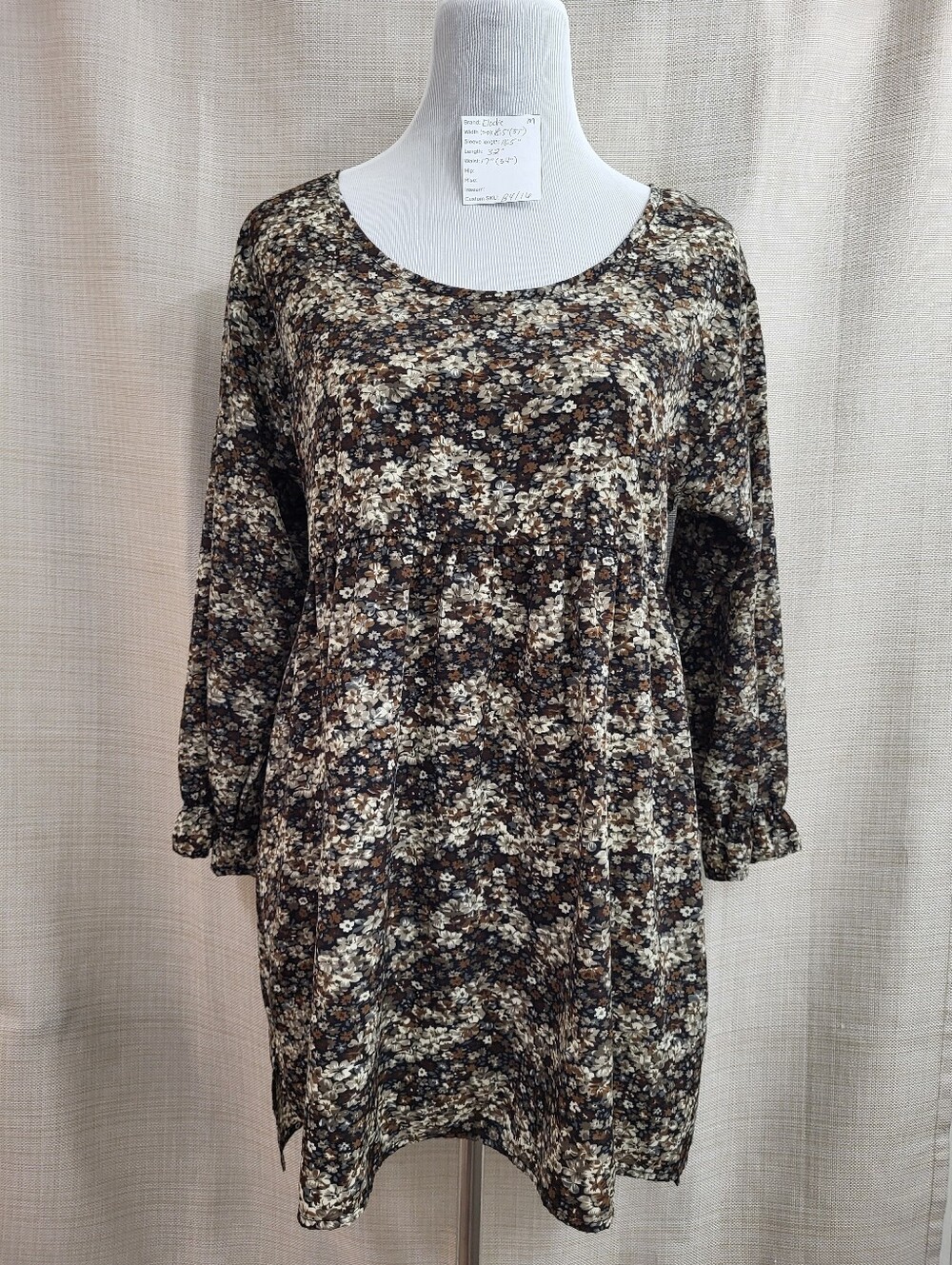 Elodie Tunic Black Taupe Ditsy Print Romantic Cottagecore Boho Floral Babydoll M